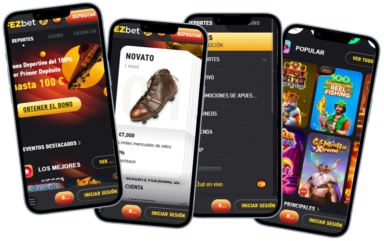 Fezbet Casino versión móvil con bono deportivo, programa VIP, menú y juegos